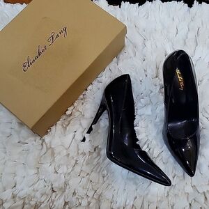 Elizabet Tang black patent 4.7" stiletto pointed toe high heel shoes size 8 NEW…
